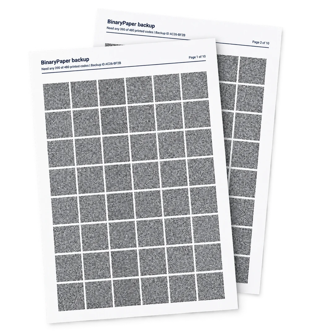 Two BinaryPaper backup sheets filled with scannable codes